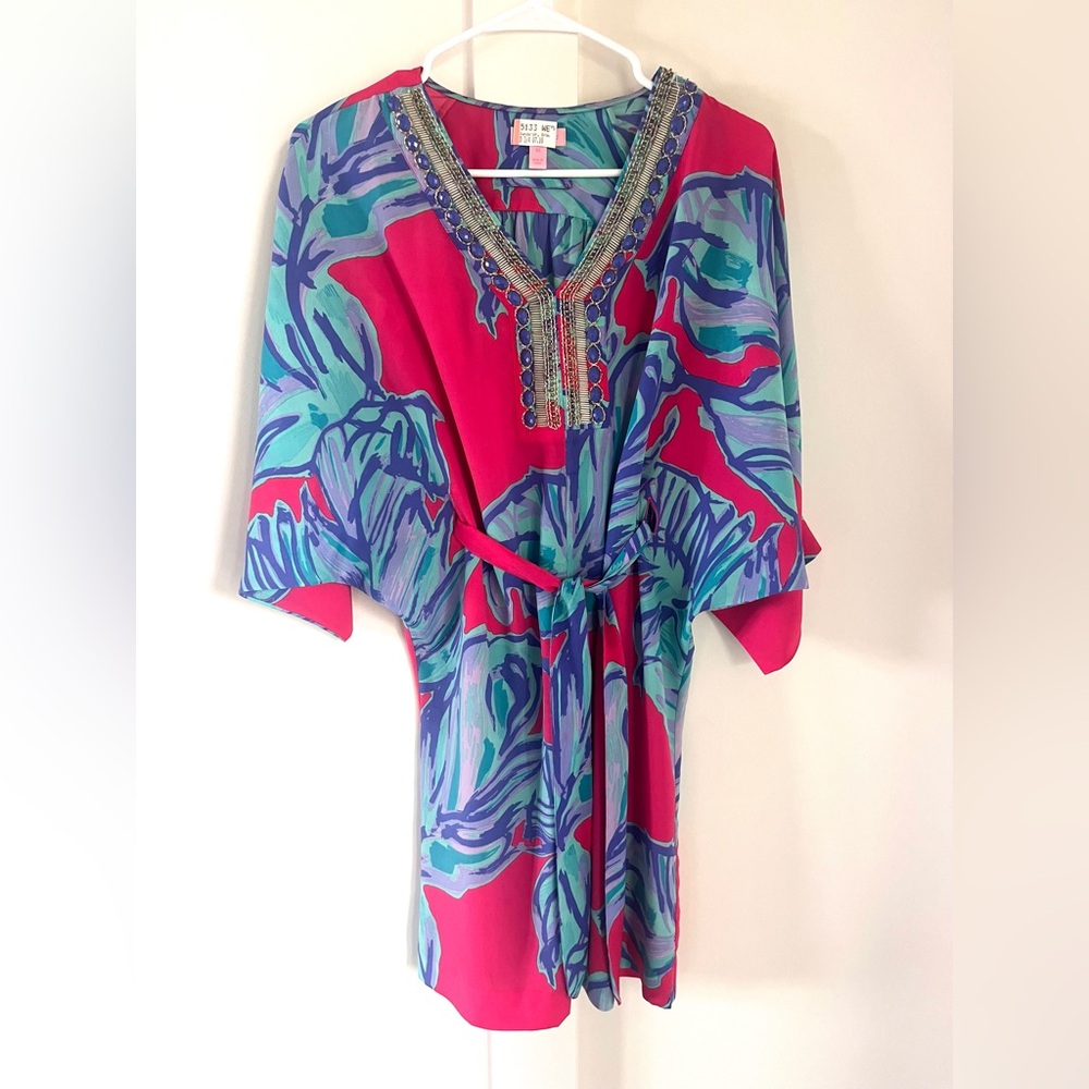 XS Lilly Pulitzer pink with blue floral design dress- belted waist
